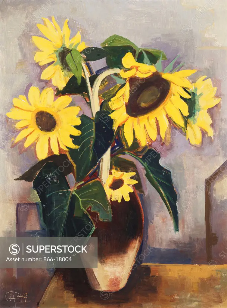 Vase with Sunflowers; Vase mit Sonnenblumen. Karl Hofer (1878-1955). Oil on board. Signed and dated 1947. 83 x 61.9cm.