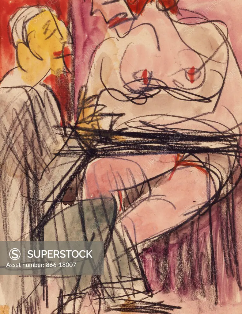Female Nude and Man sitting at a Table; Weiblicher Akt und Mann an einem Tisch sitzend. Ernst Ludwig Kirchner (1880-1938). Pencil and watercolour on paper. 20.6 x 16cm.