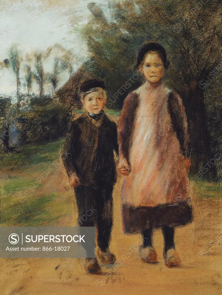 Young Boy and Girl on the Village Street; Junge und Madchen auf der Dorfstrasse. Max Liebermann (1874-1935). Pastel on buff paper. Ececuted circa 1897. 76.2 x 60cm.