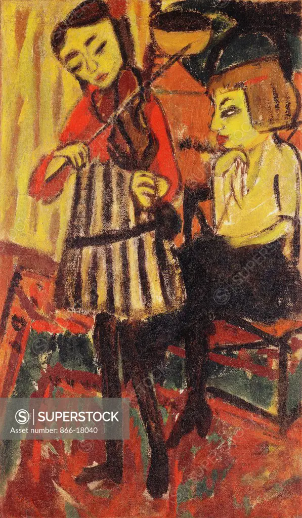 The Violinist; Die Geigerin. Erich Heckel (1883-1970). Oil on burlap. Signed and dated 1912. 92 x 54cm.