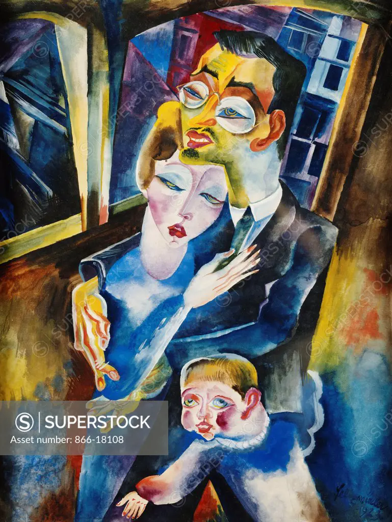 Self-Portrait with my Wife Londa and my Son Titus; Selbstbildnis mit meiner Frau Londa und meiner Sohn Titus. Conrad Felixmuller (1897-1977). Gouache, watercolour and pencil on paper. Signed and dated 1923. 64 x 50.2cm.