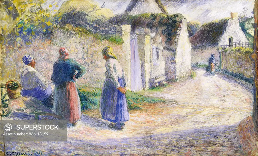 Village Street with Three People on the Right (Valhermeil); Rue de Village avec Trois Paysannes causant a Gauche (Valhermeil). Camille Pissarro (1830-1903). Gouahce on paper. Executed in 1881. 30 x 48.5cm.