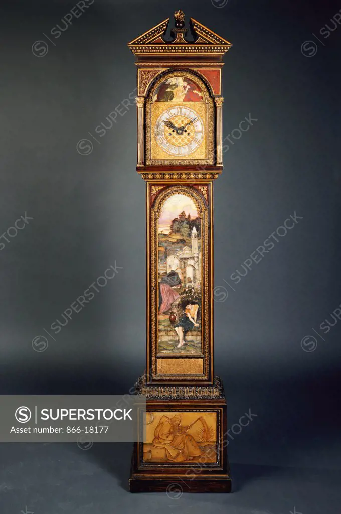 A Late 19th Century Pedimented Longcase Clock extensively (and possibly designed) by John Roddam Spencer Stanhope (1829-1908). Mahogany, partly gilt painted and worked in gesso relief. 235cm high.