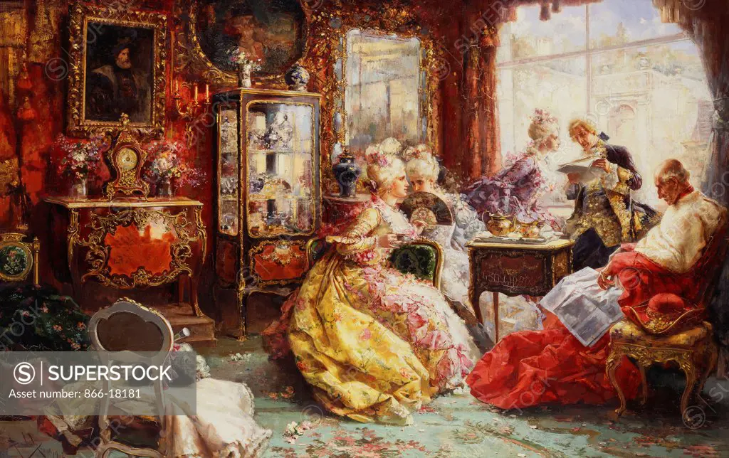An Afternoon in the Salon. Salvador Sanchez-Barbudo Morales (1858-1917). Oil on canvas. Painted in 1902. 55.5 x 85.1cm.