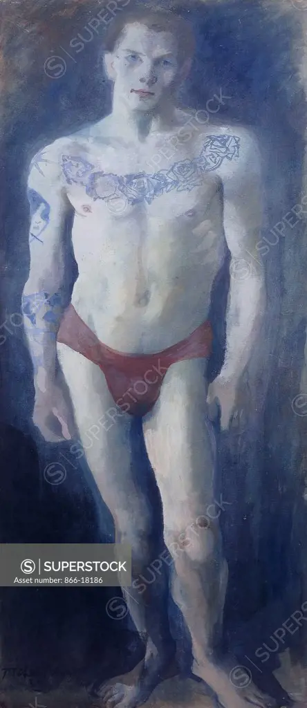 Tattooed Man: Portrait of Charles Vincent. Pavel Tchelitchew (1898-1957). Gouache on board. Executed in 1932. 105.5 x 40cm.