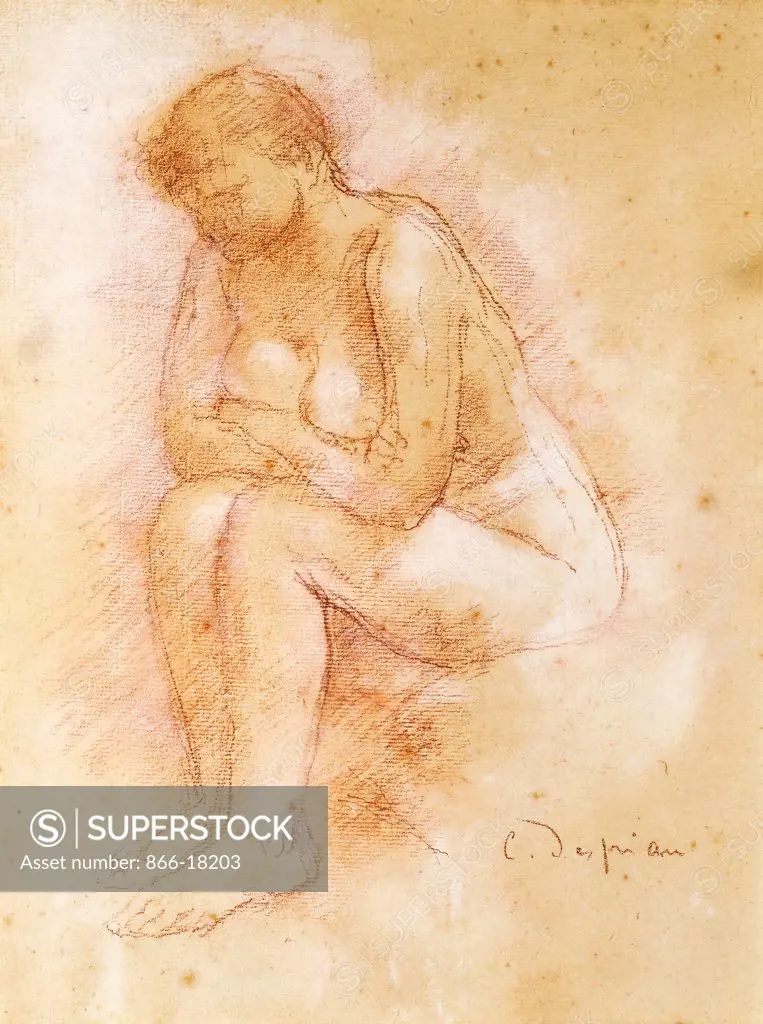 Seated Nude; Nue Assise. Charles Despiau (1874-1946). Sanguine and chalk on buff paper. 30.5 x 23cm.