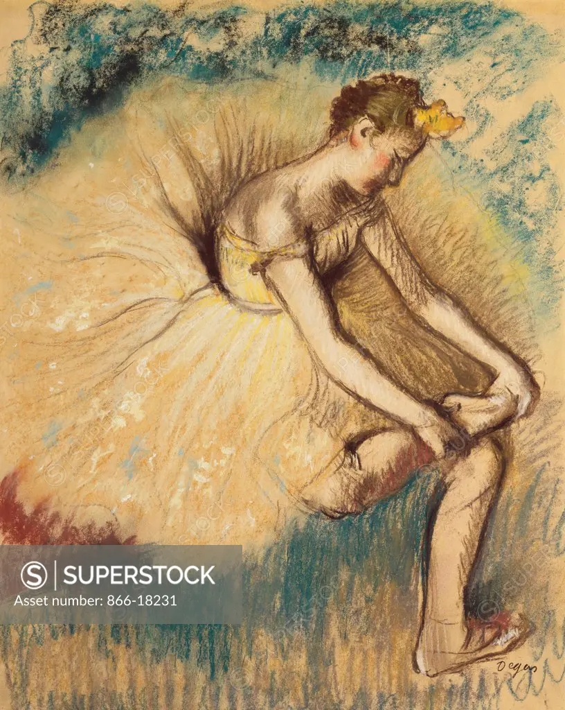 A Dancer Putting on her Shoe; Danseuse Attachant sa Chaussure. Edgar Degas (1834-1917). Pastel on paper. Executed in 1896. 57 x 45cm.