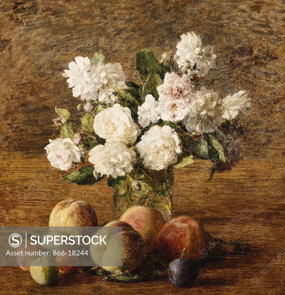 Still Life: Roses and Fruits; Nature Morte: Roses et Fruits. Henri Fantin-Latour (1836-1904). Oil on canvas. Signed and dated 1878. 38.1 x 37.1cm.