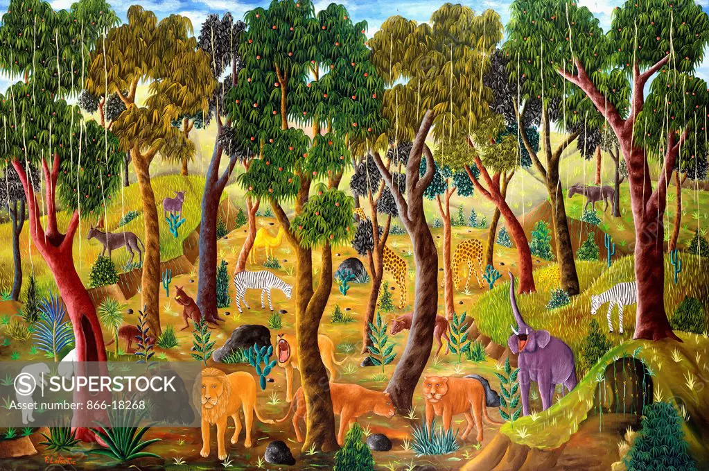 Jungle. Franklin Latortue. Oil on canvas. Painted circa 1970. 101.5 x 152.4cm.