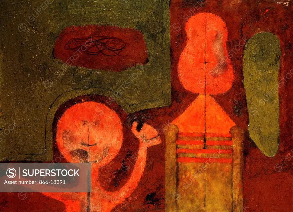 Child and Red; Nino en Rojo. Rufino Tamayo (1899-1991). Oil and sand on canvas. Painted in 1975. 95.5 x 131cm.
