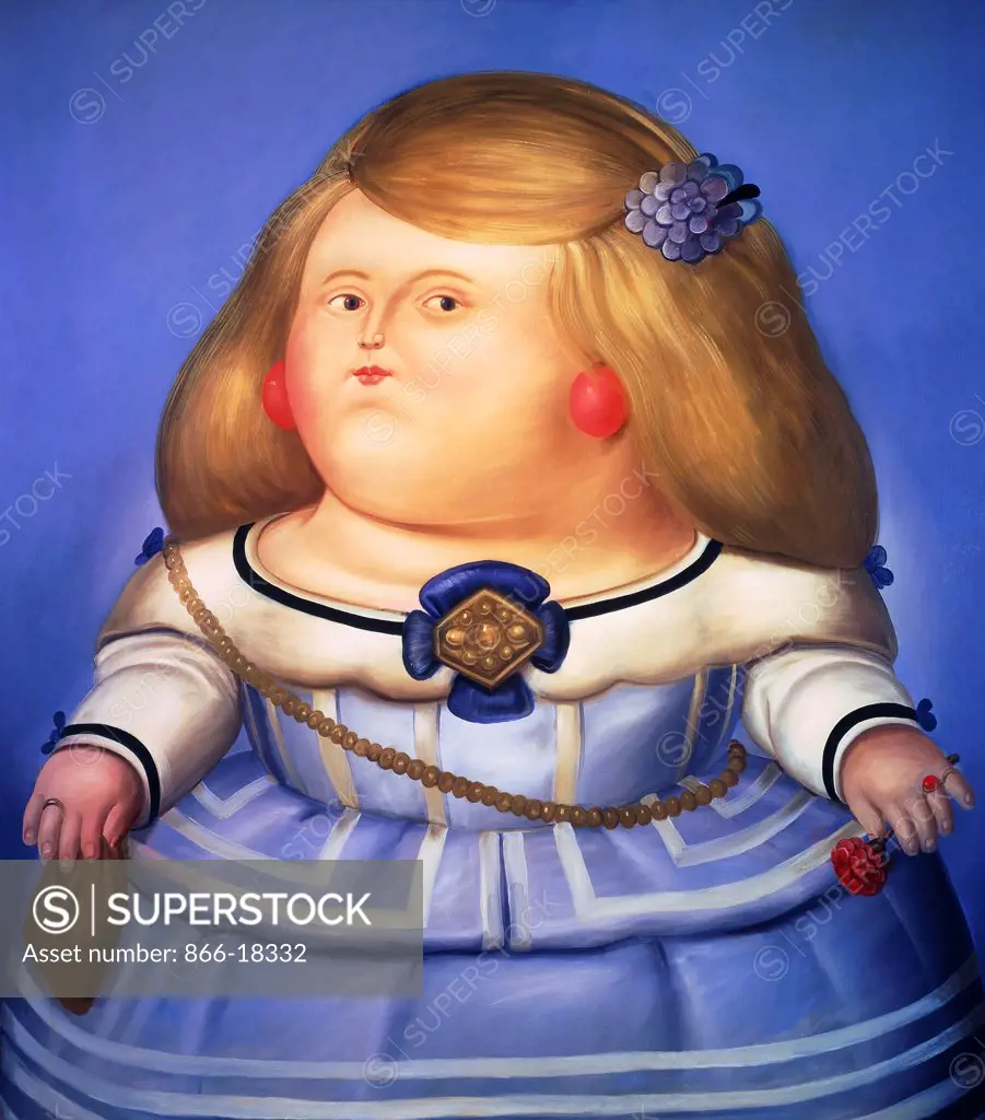 Princess Margarita after Velazquez. Fernando Botero  (b.1932). Oil on canvas. Painted in 1978. 214.3 x 189.9cm.
