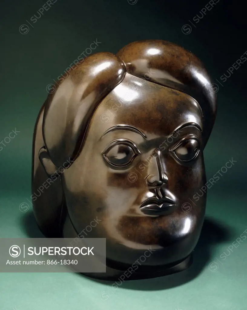 Head of a Woman; Cabeza de Mujer. Fernando Botero (b.1932). Bronze with brown patina. Executed in 1973. 38.1cm high.