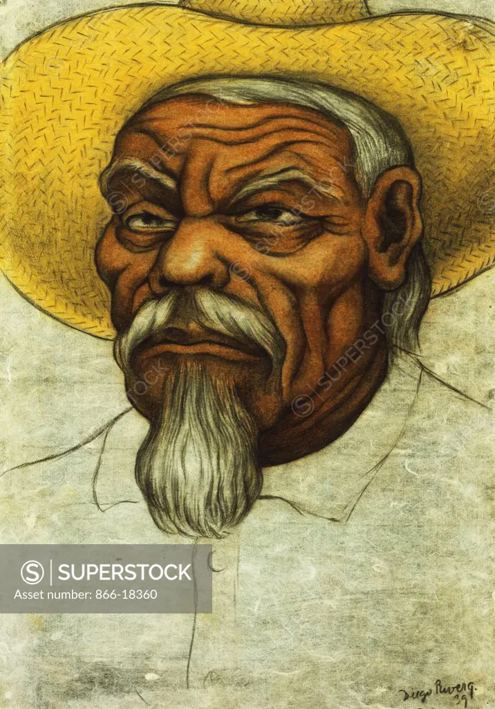 Head of an Old Peasant; Cabeza de Campesino Viejo. Diego Rivera (1886-1957). Sanguine, charcoal and watercolour on rice paper. Drawn in 1939. 39.4 x 28cm.