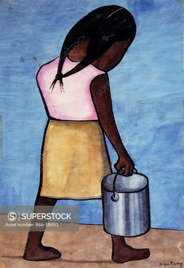 Girl Carrying a Bucket; Nina Cargando un Balde. Diego Rivera (1886-1957). Watercolour on rice paper. 38 x 26cm.