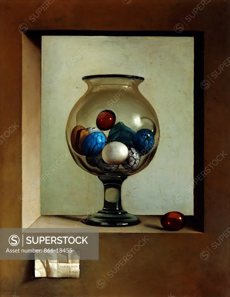 Crystal Glass with Marble Eggs; Copa de Cristal con Huevos de Marmol. Claudio Bravo (1936-2011). Oil on canvas. Painted in 1962. 92.4 x 68cm.