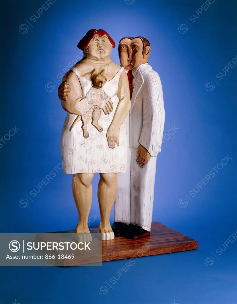 Chihuahua with Couple; Chihuahua con Pareja. Gaudi Este (b.1947). Polychrome on rain tree wood. Executed in 1986.  127cm high.