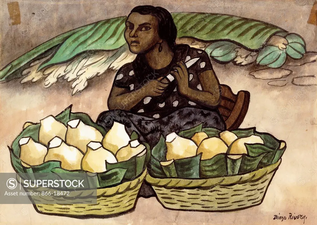 Coconut Seller; Vendedora de Cocos. Diego Rivera (1886-1957). Watercolour on rice paper. Drawn in 1935. 28 x 38.5cm.