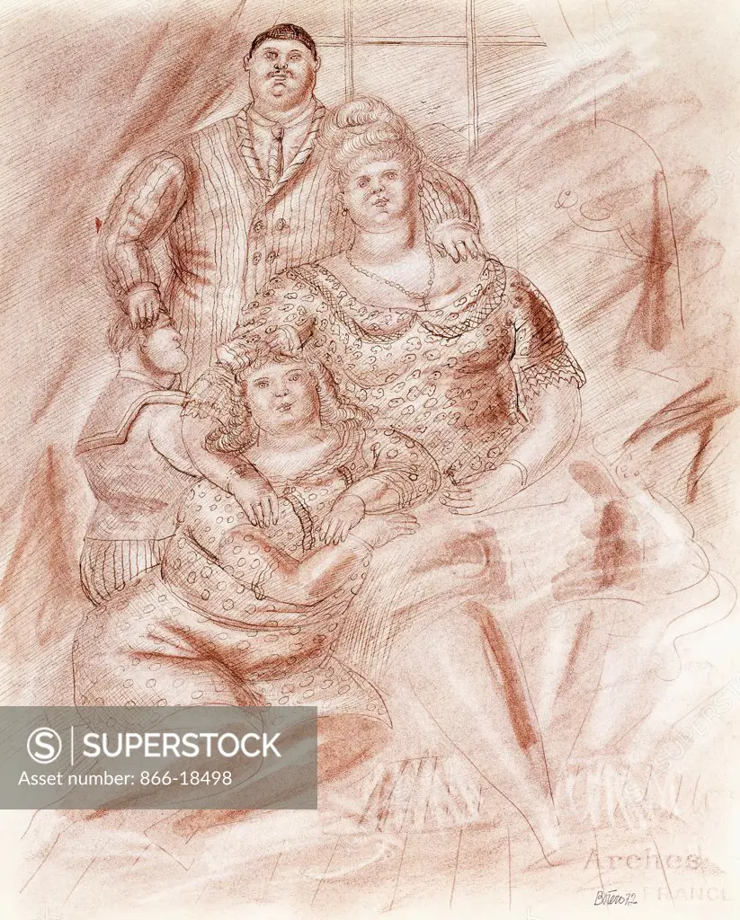 Family; La Familia. Fernando Botero (b.1932). Pen and sepia ink on Arches paper. Signed and dated 1972. 42 x 34.3cm.
