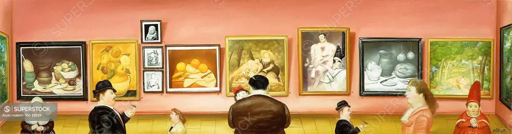 The Exhibition. Fernando Botero (b.1932). Collage and oil on canvas. Signed and dated 1975. 52 x 196cm.