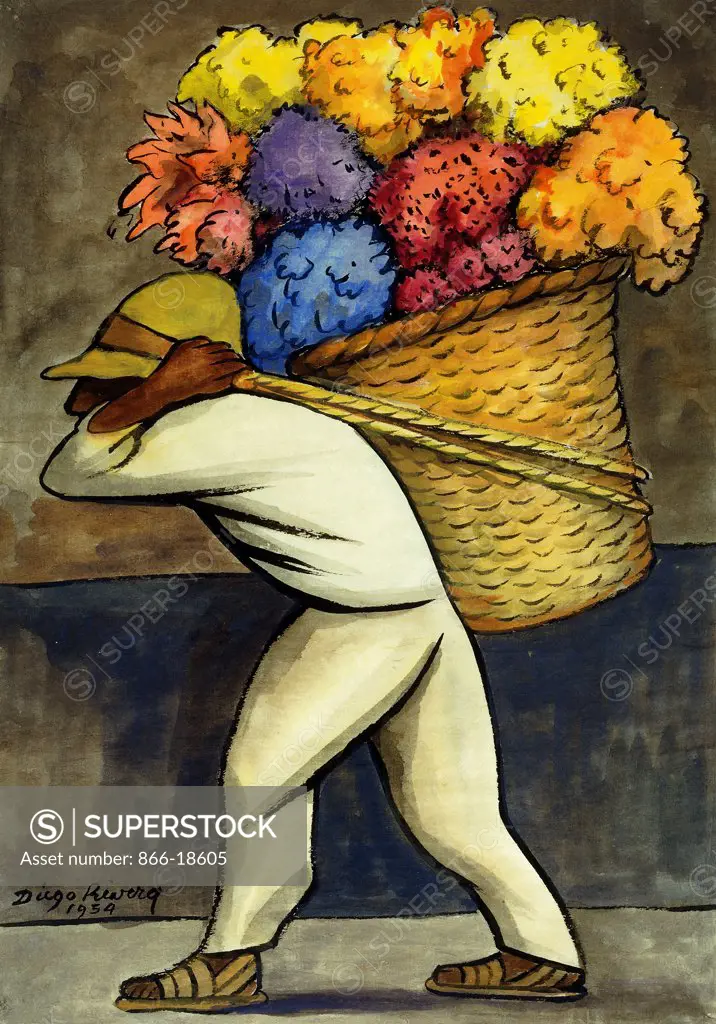 Man with a Basket of Flowers; Hombre con Canasta de Flores. Diego Rivera (1886-1957). Watercolour on rice paper. Signed and dated 1954. 38.5 x 28cm.