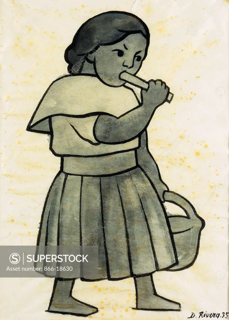 Girl with Cane Sugar; Nina con Cana de Azucar. Diego Rivera (1886-1957). Wash and brush and black ink on rice paper. Signed and dated 1935. 37 x 27.5cm.