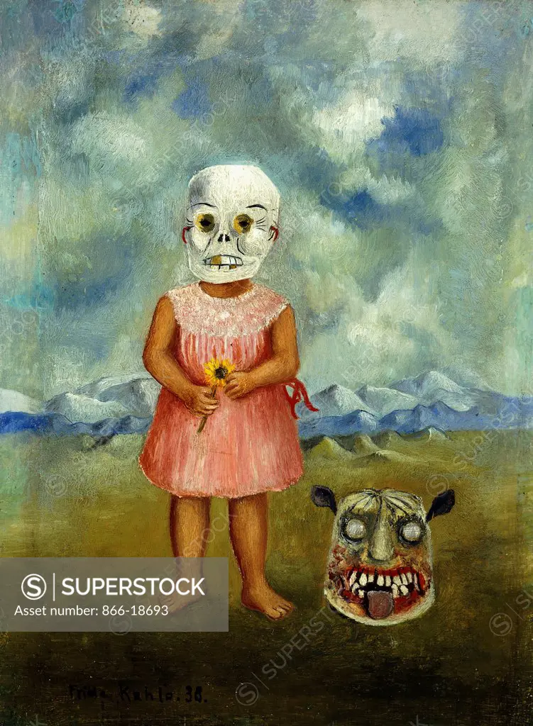 She Plays Alone or Girl with Death Mask; Ella Juega Sola o Nina con Mascara de la Muerte. Frida Kahlo (1910-1954) Oil on tin. Signed and dated 1938. 14.9 x 11cm.