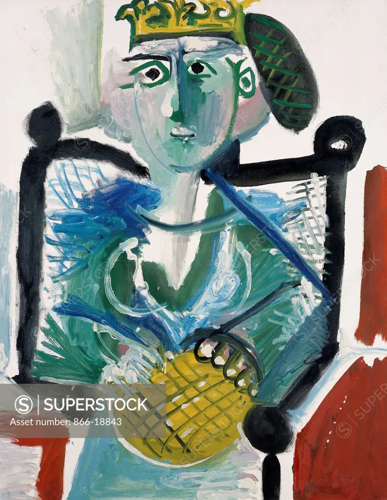 Woman Sitting with the Epiphany Cake; Femme Assise a la Galette des Rois. Pablo Picasso (1881-1973). Oil on canvas. Painted in 1965. 92 x 73cm.