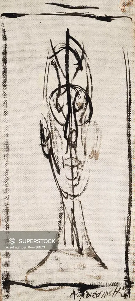 Head of a Man; Tete d'Homme. Alberto Giacometti (1901-1966). Oil on canvas. Painted in 1955. 28.8 x 13.6cm.