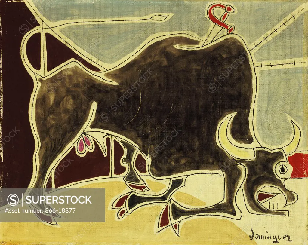 Bull; Taureau. Oscar Dominguez (1906-1958). Oil, pen and black ink on canvas. 19 x 24cm.