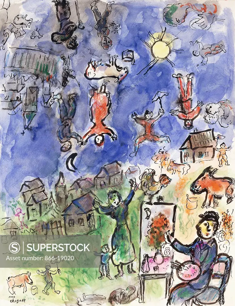 Animation Autour du Peintre. Marc Chagall (1887-1985). Gouache, watercolour, pastel, pen, brush and India ink on paper. Painted in 1981. 64.8 x 50.2cm.