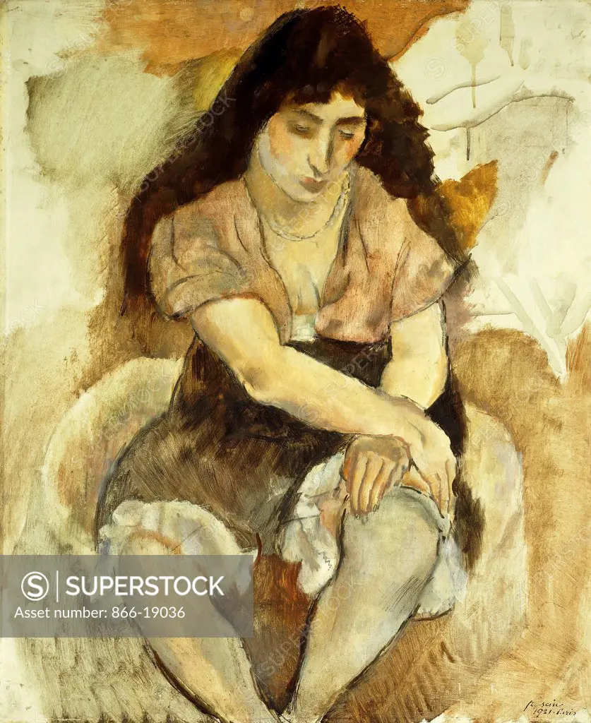 Young Woman Sitting; Jeune Fille Assise. Jules Pascin (1885-1930). Oil on board. Painted in 1921. 65.4 x 54cm.