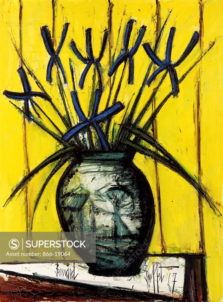 Blue Irises in a Chinese Vase; Iris Bleus dans un Vase Chinois. Bernard Buffet (1928-1999). Oil on canvas. Painted in 1967. 130.8 x 97.2cm.