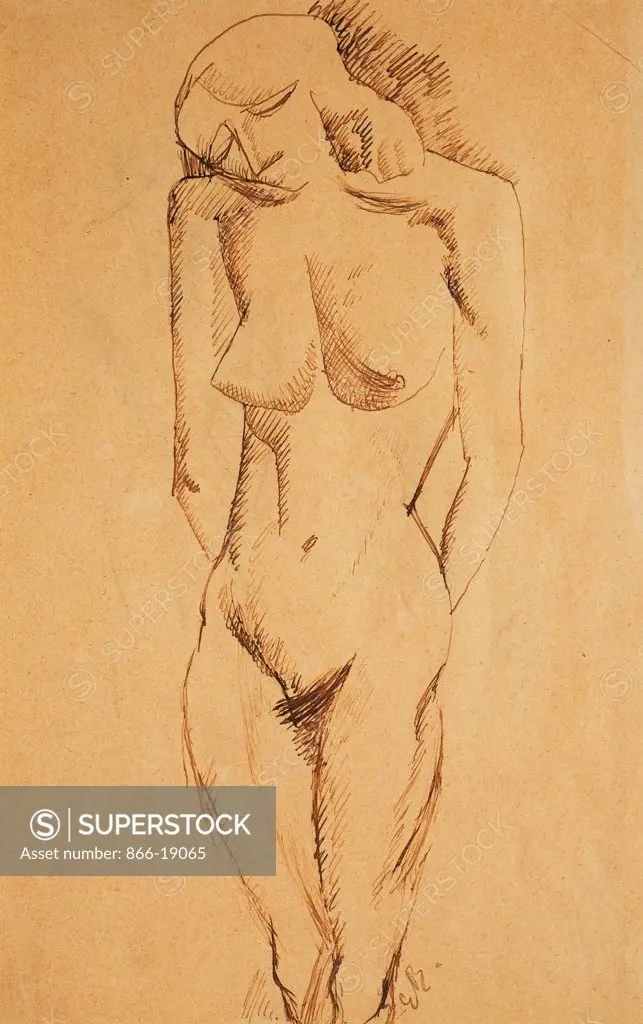 Nu Debout; Standing Nude. Georges Braque (1882-1963). Pen and brown ink on tan paper. Drawn in 1907. 30.9 x 20cm.