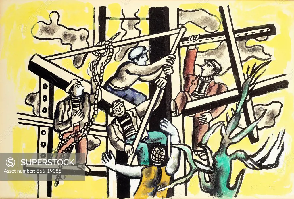 Builders by a Tree with a Yellow Background; Les Constructeurs a L'Arbre sur Fond Jeune. Fernand Leger (1881-1955). Gouache and brush and black ink on paper. Painted in 1949-1950. 42 x 63cm.