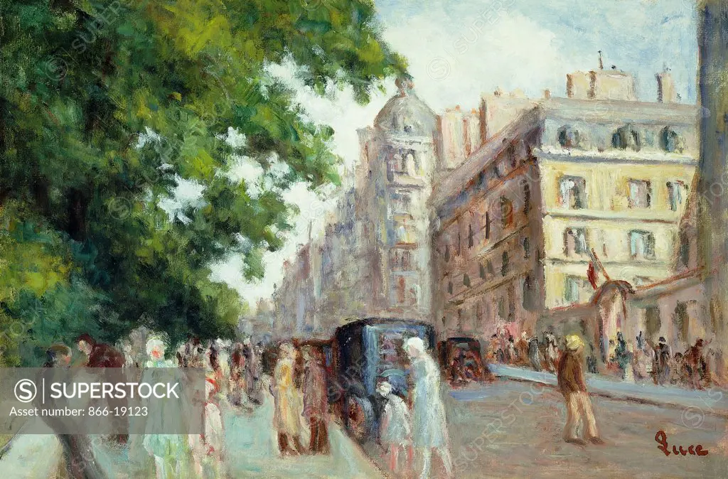 Street Scene in Paris; Scene de Rue a Paris. Maximilien Luce (1858-1941). Oil on paper. Painted 1935-37. 33.4 x 52.7cm.