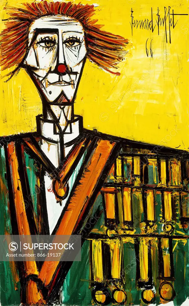 Clown on Yellow Background; Clown Fond Jaune. Bernard Buffet (1928-1999). Oil on canvas. Painted in 1966.