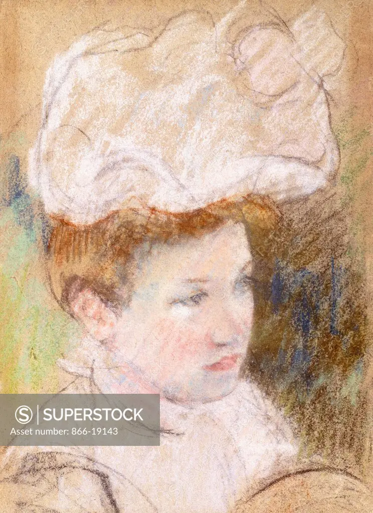 Leontine in a Pink Fluffy Hat. Mary Cassatt (1844-1926). Pastel on tan paper. Drawn in 1898. 38.1 x 28.2cm.