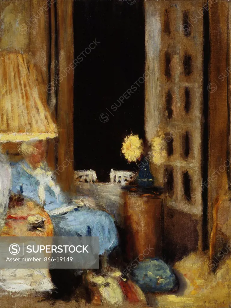 Madame Hessel in her Sitting Room (Chateau des Clayes), the Window opened into the Night; Madame Hessel dans le Petit Salon (Chateau des Clayes), la Ouverte sur la Nuit. Edouard Vuillard (1868-1940). Oil on canvas. Painted 1926-1939. 55.2 x 46.2cm.