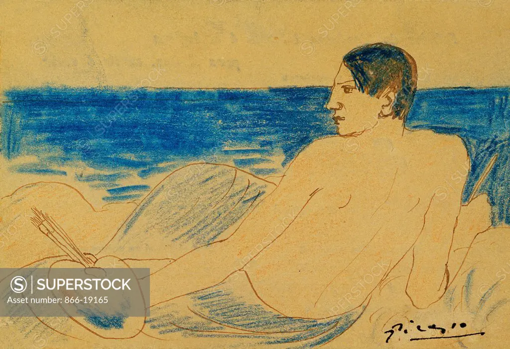 The Artist Nude by the Seaside; L'Artiste Nu au Bord de la Mer. Pablo Picasso (1881-1973). Coloured wax crayons and pen and brown ink on board. Drawn in 1902. 9 x 13.3cm.