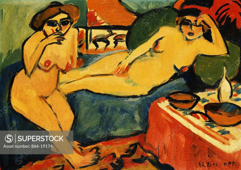 Two Nudes on a Blue Sofa; Zwei Akte auf Blauem Sofa. Ernst Ludwig Kirchner (1880-1938). Oil on canvas. Painted circa 1910-1920. 50.2 x 70.5cm.