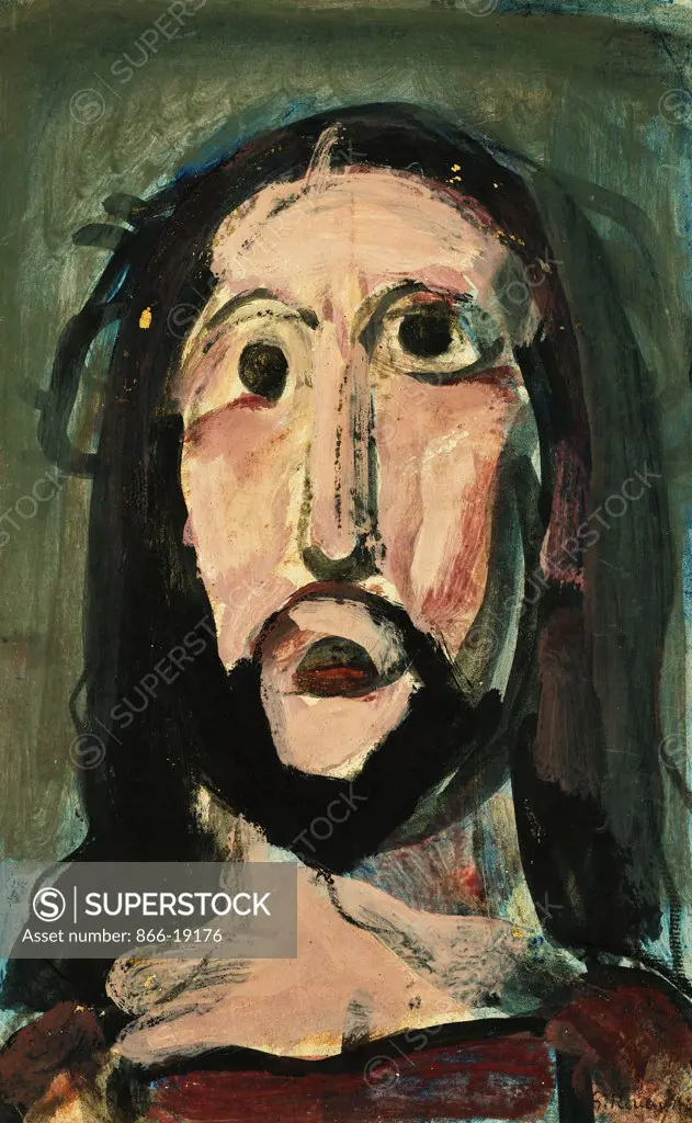 Passion. Georges Rouault (1871-1958). Gouache and black wax crayon on paper attached at the edges to the mount. Signed and dated 1918. 30 x 19cm.