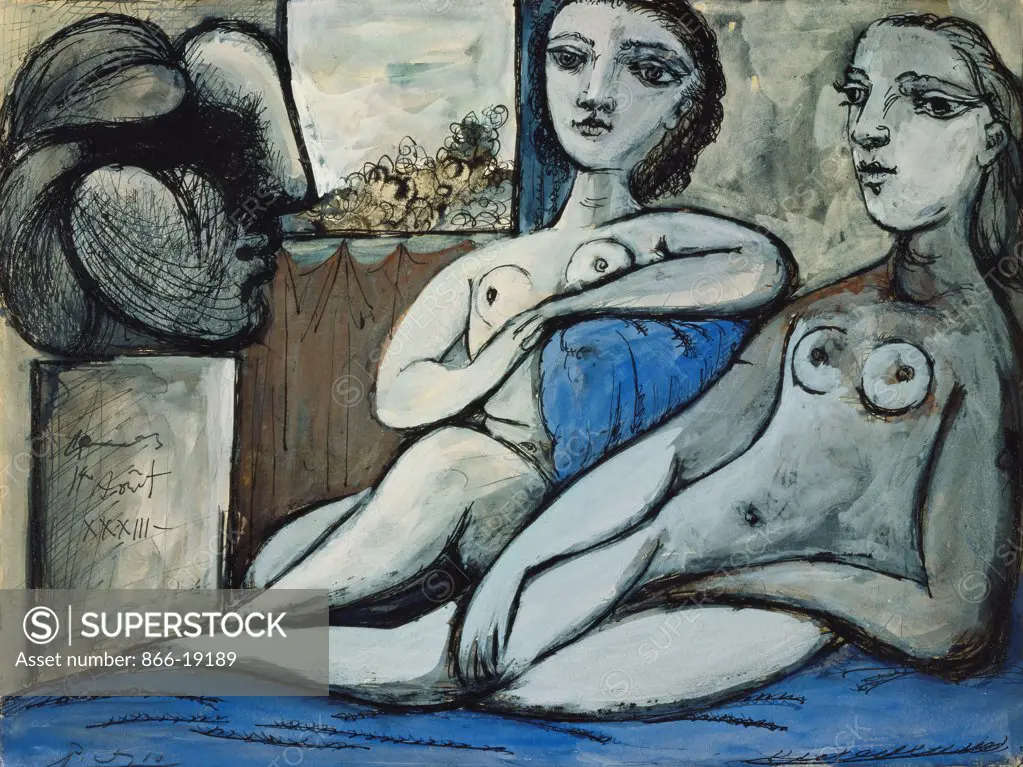 Two nude women and head of a woman; Deux femmes nues et tete de femme. Pablo Picasso (1881-1973). Gouache and India ink on paper. Signed and dated 1933. 33.8 x 45cm.