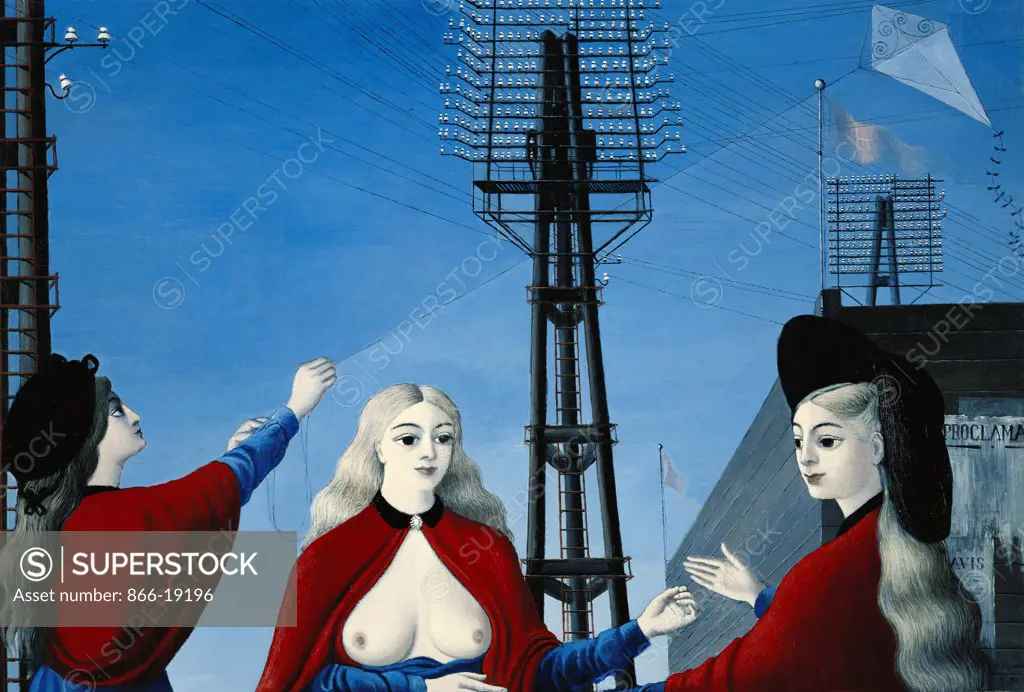 The Young Ladies of the Telephone; Les Demoiselles du Telephone. Paul Delvaux (1897-1994). Oil on panel. Signed and dated 1951. 76.5 x 112cm.