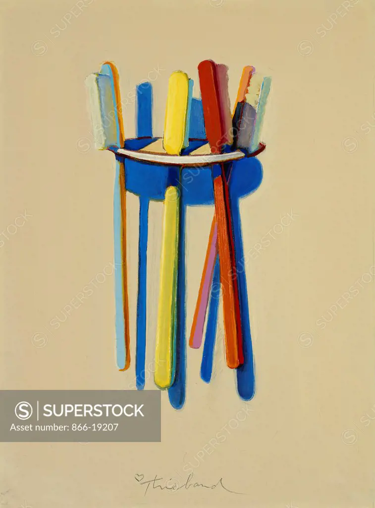 Toothbrushes. Wayne Thiebaud (b. 1920). Oil on board. Painted in 1973. 32 x 23.5cm.