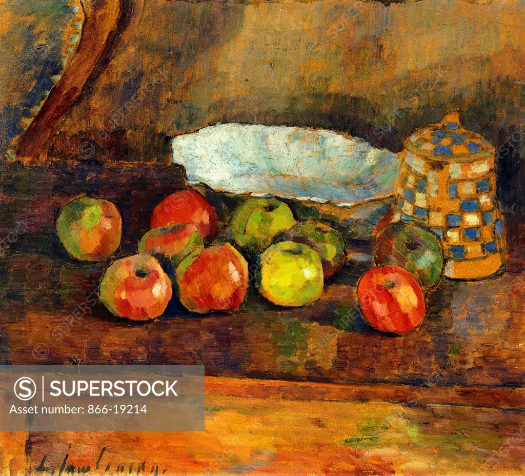 Still-life with Apples; Stilleben Mit Apfeln. Alexej von Jawlensky (1864-1941). Oil on board. Painted circa 1907. 47.6 x 53.3cm.