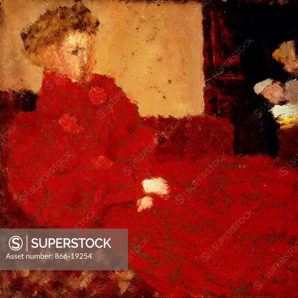 Woman in Red, Sitting; Femme en Rouge Assise. Edouard Vuillard (1868-1940). Oil on board. Painted circa 1892. 20.4 x 20.4cm.