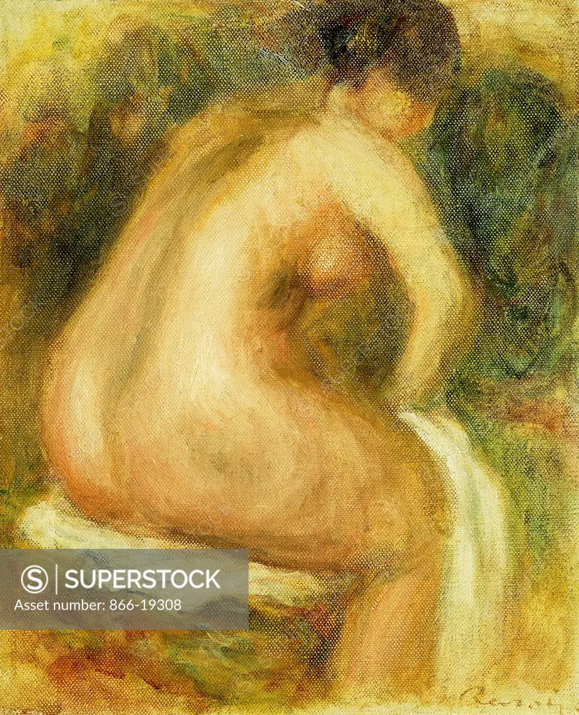 Nude Woman Bathing; Femme Nue Assise. Pierre Auguste Renoir (1841-1919). Oil on canvas. Painted in 1910. 27 x 22cm.