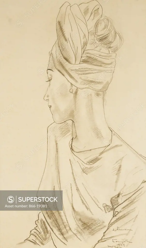 Head of a Woman; Buste de Femme. Tsugouharu Leonard Foujita (1886-1968). Pencil and black chalk on paper. Drawn in 1949. 44.8 x 27cm.