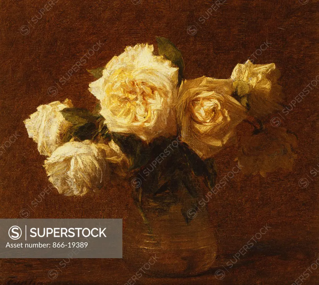 Six Yellow Roses in a Vase; Six Roses Jaunes dans une Vase. Henri Fantin-Latour (1836-1904). Oil on canvas. Painted in 1903. 33.6 x 37.5cm.