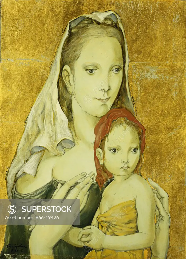 Mother and Child; Mere et Enfant. Tsugouharu Leonard Foujita (1886-1968). Oil and gold-leaf on canvas. Signed and dated 1954. 33 x 24.2cm.